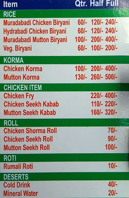 Zaika Muradabadi Chicken Restaurant menu 