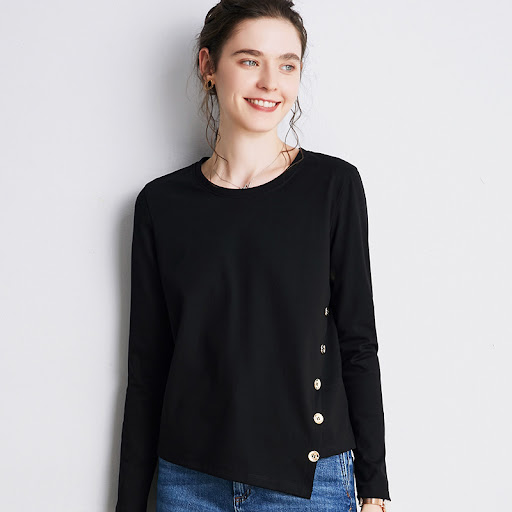 Title 2, Irregular oblique breasted women round neck lon...