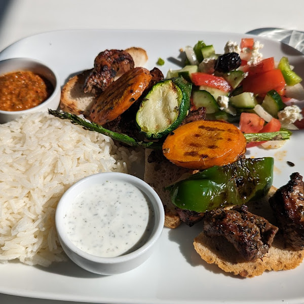 Lamb skewer plate with glutem free bread to replace pita!