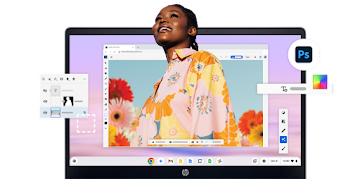 A photo of a woman in a pink, floral shirt is being edited in Photoshop on a Chromebook.