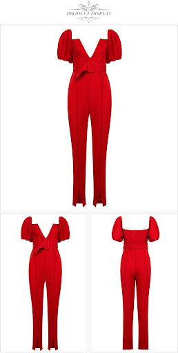 Title 2, V Puff Sleeve Skinny Slim Cover Hip Jumpsuit