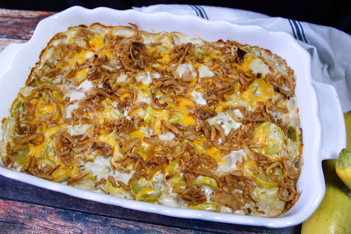 Yellow Squash Casserole with fried onions on top.