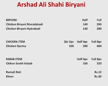 Arshad Ali Shahi Biryani menu 