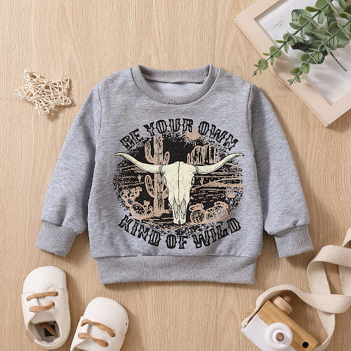 Title 3, Grey Printed Letter Cow Head Childrens Sweater...