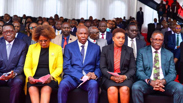 Cabinet Secretaries Alice Wahome, Ezekiel Machogu, Susan Nakumincha and Eliud Owalo at State House during the signing performance contracts on August 1, 2023