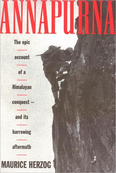 A man climbing on a mountain in book cover of Annapurna by Maurice Herzog.