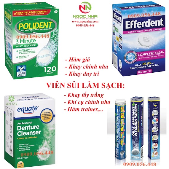 Viên Sủi Ngâm Làm Sạch Và Vệ Sinh Hàm Giả Răng Giả Hàm Tháo Lắp, Vệ Sinh Khay Chỉnh Nha Efferdent/Polident - Mỹ