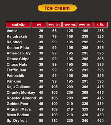 Sitaram Ice Cream menu 