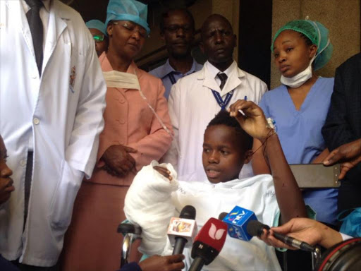 Joseph Theuri speaks to journalists at KNH on Wednesday, February 8, 2018. /JOHN MUCHANGI