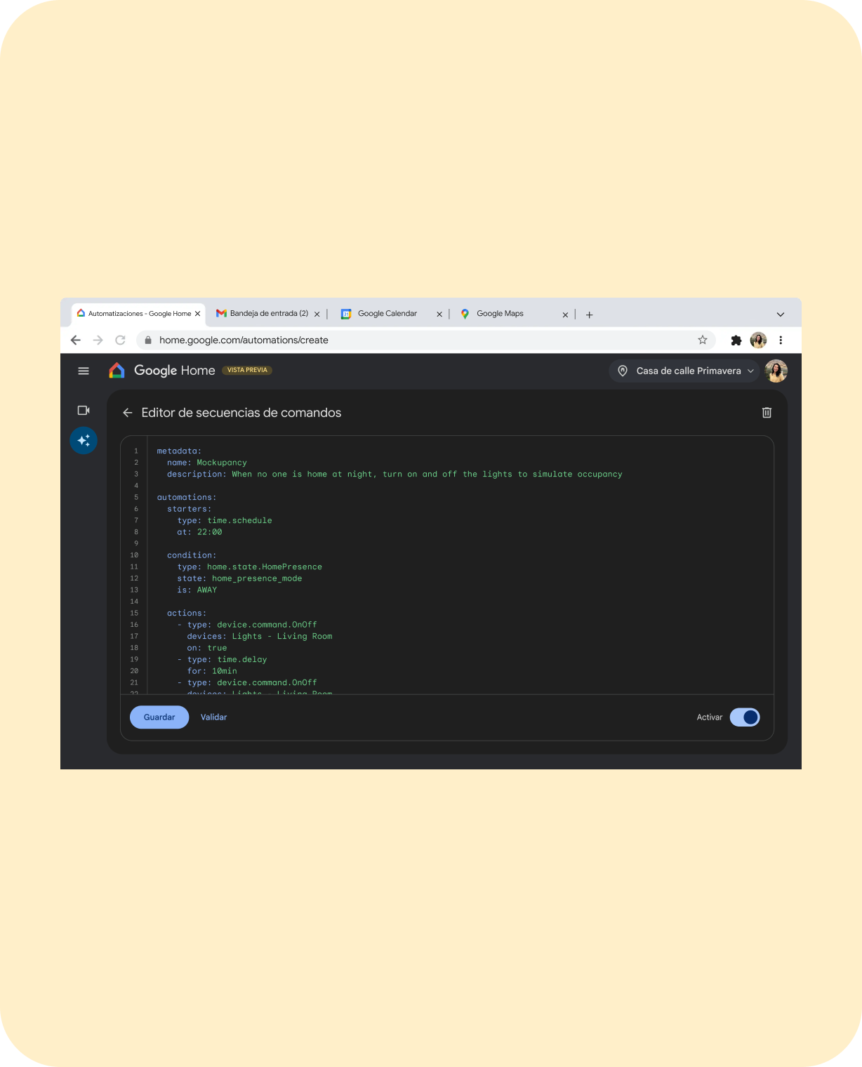 Una imagen de un navegador web abierto con el editor de secuencias de comandos de automatización de Google Home en la pantalla.