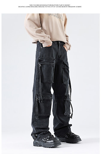 Title 4, Black workwear multi-pocket straight-leg pants ...