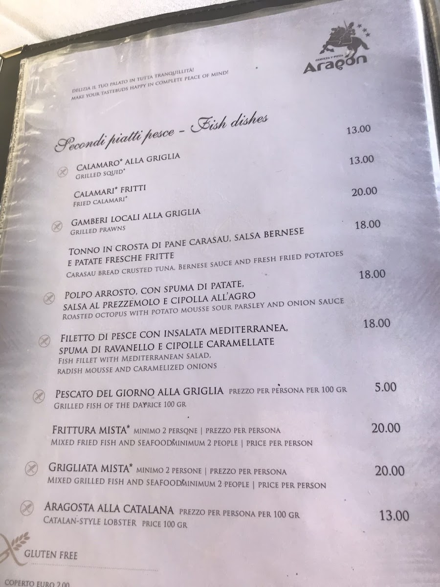 Aragon gluten-free menu