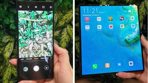 The new foldable Huawei Mate X smartphone in both phone and tablet mode.