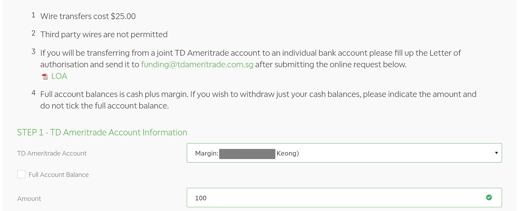 The step 1 of How to Withdraw Money from TD Ameritrade Singapore