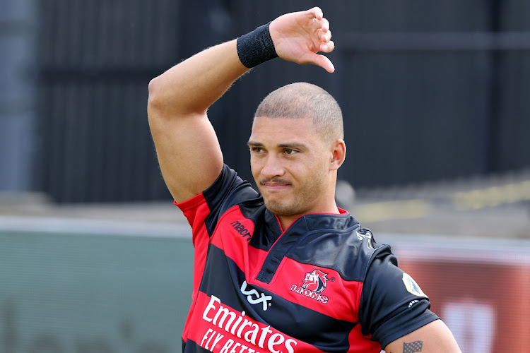 Edwill van der Merwe of the Lions warms up ahead of the United Rugby Championship match between the Dragons and the Lions at Rodney Parade in May.