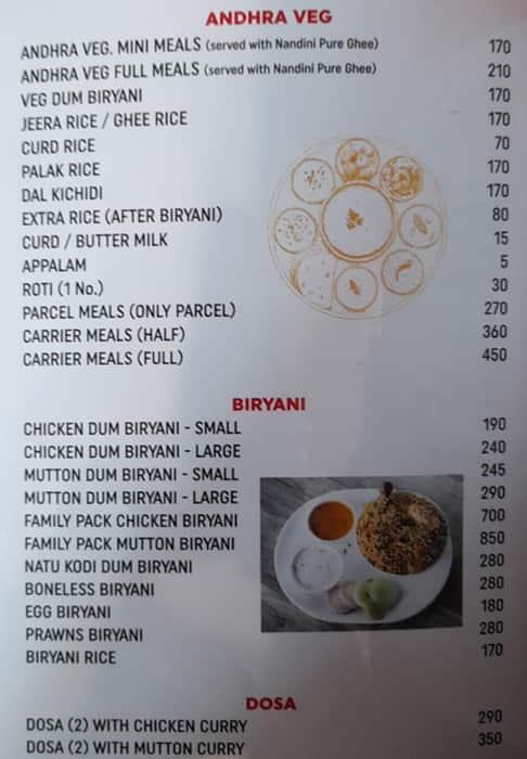 Vandana Gardenia Andhra Hotel menu 