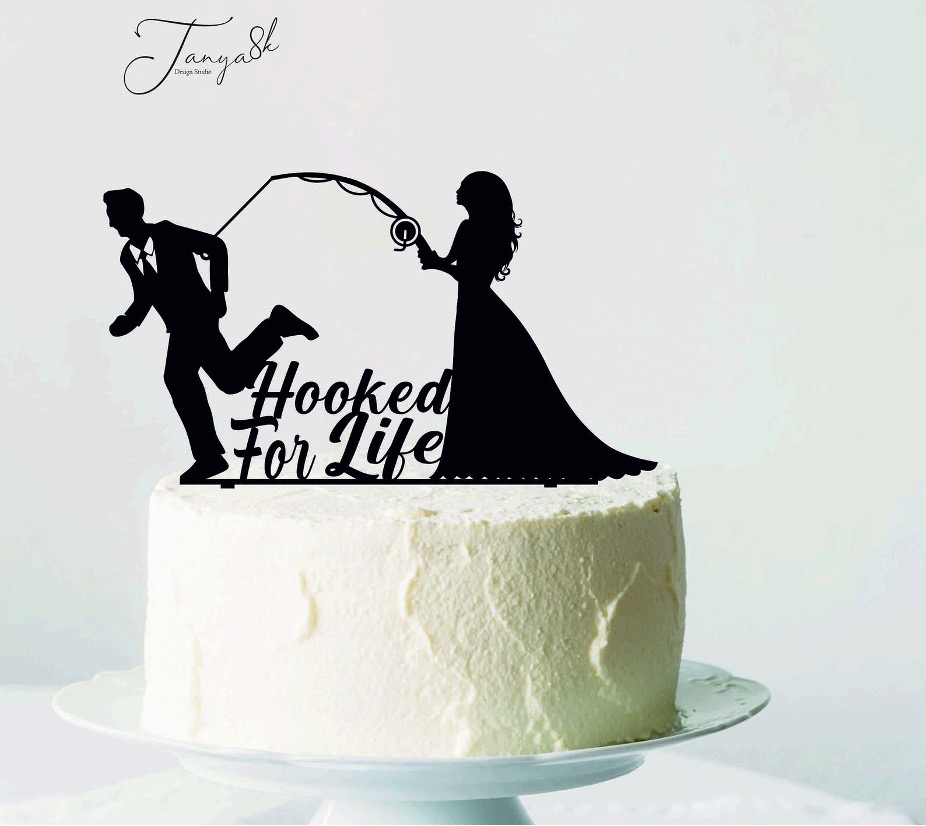 Hooked for life bride and groom cake topper