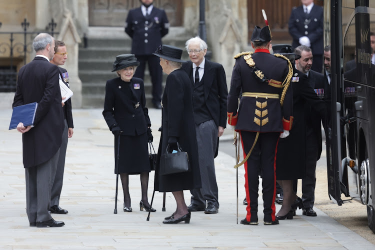 Princess Alexandra, The Honourable Lady Ogilvy, and Rodney Elton, Second Baron Elton, arrive at Westminster Abbey.