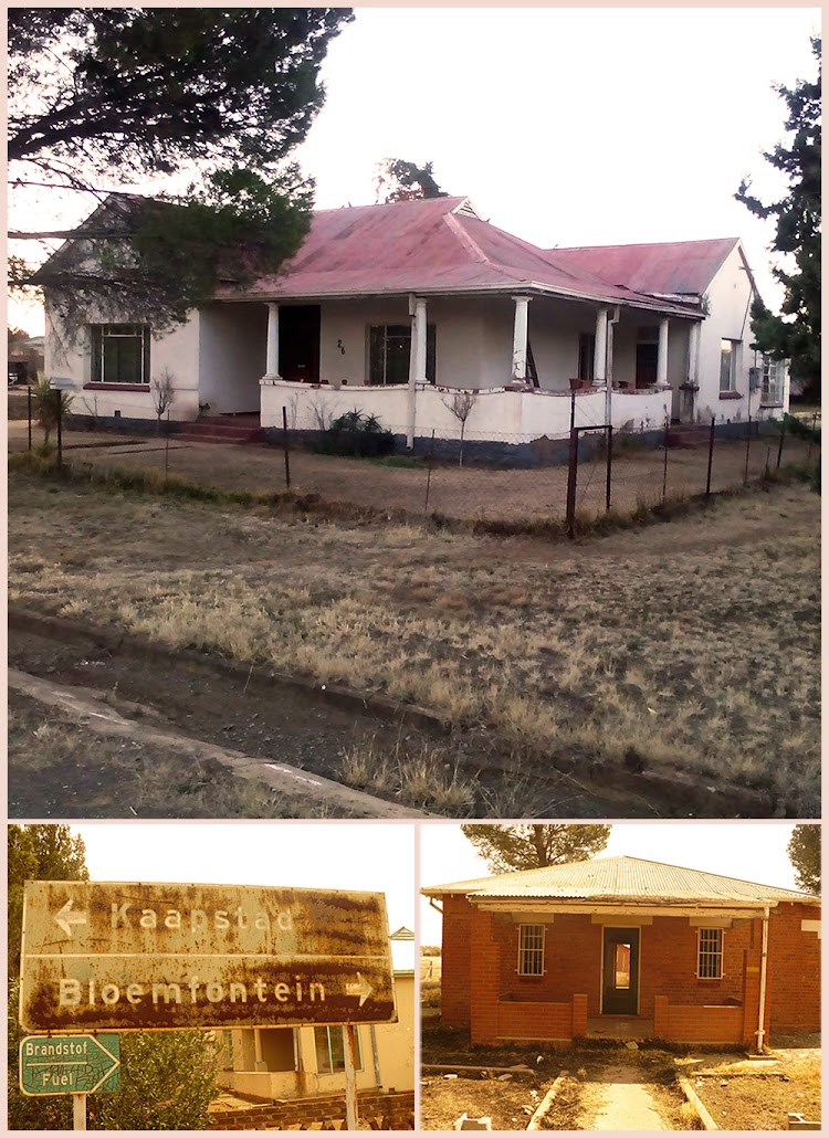 Top: A house with no one in it. Bottom left: The rusted road sign has not been replaced in over 10 years. Bottom right: Grass grows inside abandoned railway cottages.