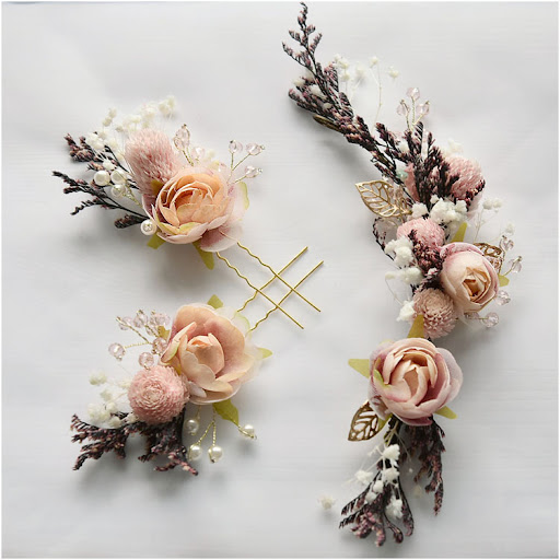 Title 5, Three-piece bridal headdress with dried flowers...