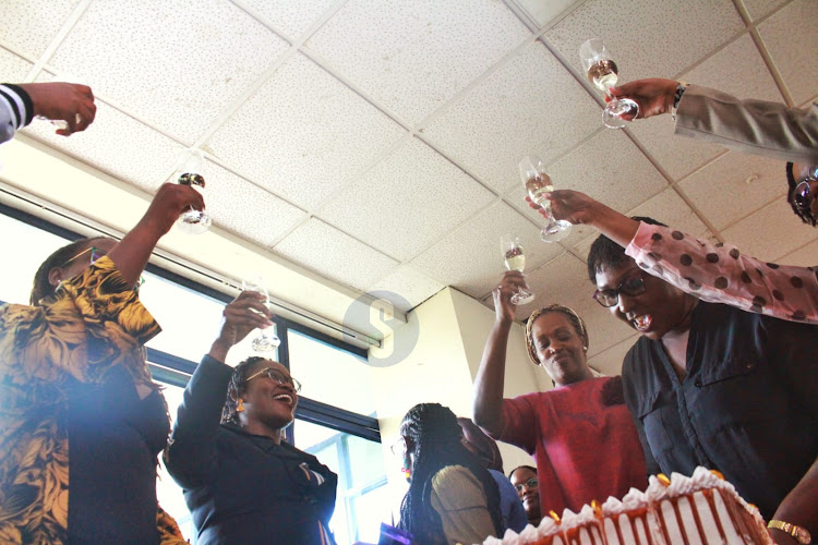 Radio Africa Group ladies toast their glasses during Radio Africa Group Mother's Day celebrations at the the Star newsroom on May 16, 2023.