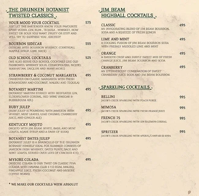 The Drunken Botanist menu 