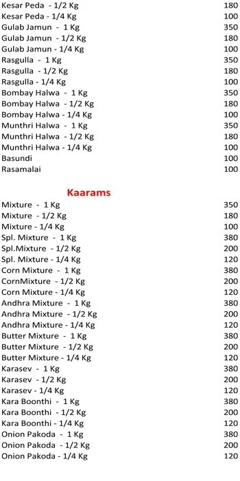 Panju Mithai menu 