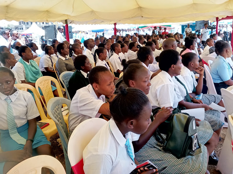 A section of students who attended the education exhibition event held in Mwea on Friday.