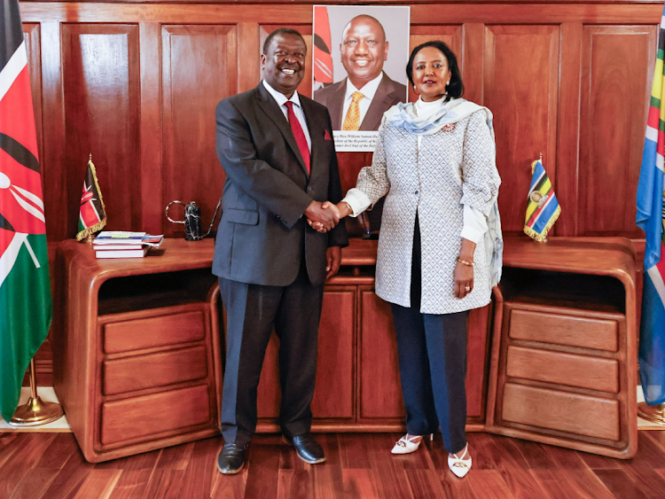 Prime Cabinet Secretary Musalia Mudavadi in his office with former Foreign Affairs CS Amina Mohammed on February 27, 2024.