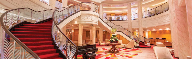 The elegant Grand Lobby of Queen Mary 2. 