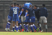 SuperSport United players celebrate the goal of Bradley Grobler during their DStv Premiership match against Mamelodi Sundowns at Lucas Moripe Stadium, in Pretoria on the 02 September 2022.