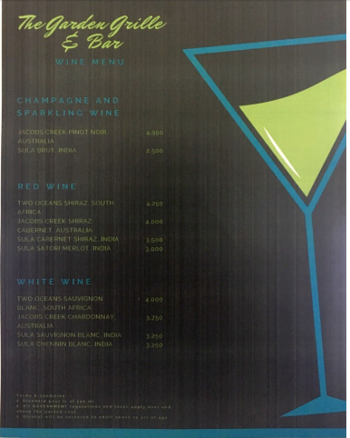 Menu Of Garden Grille Bar Hilton Garden Inn Gomti Nagar