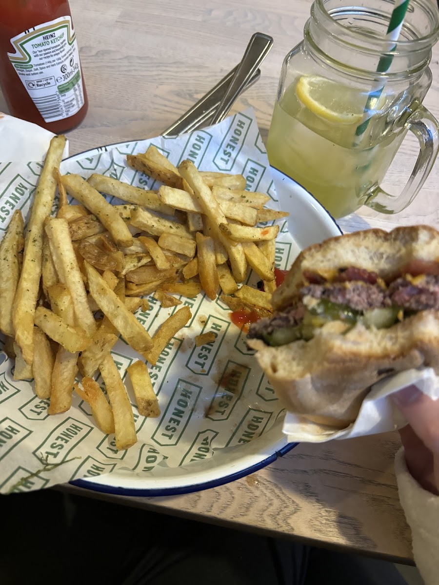 Beef burger, rosemary french fries, and mint lemonade