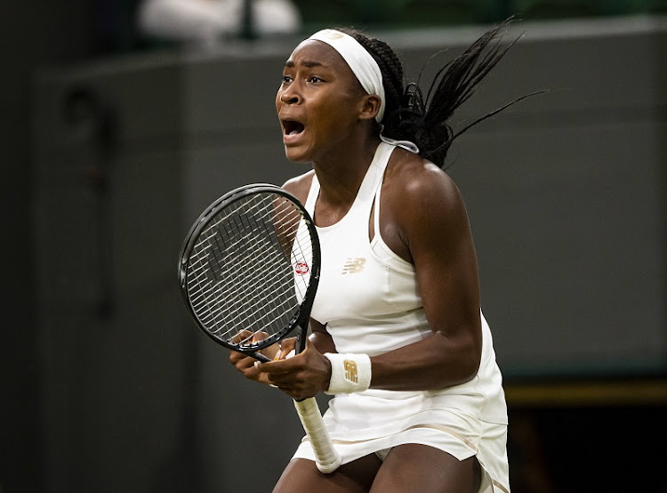 Cori Gauff of the United States celebrates her victory over Magdalena Rybarikova of Slovakia at Wimbledon.