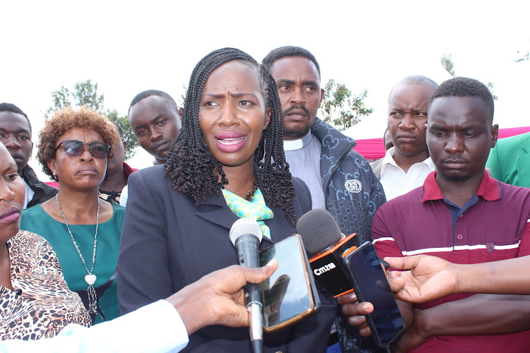 Murang'a Woman Representative Betty Maina at Kimorori grounds during the issuance of Sh4.4m bursaries on March 5, 2024.