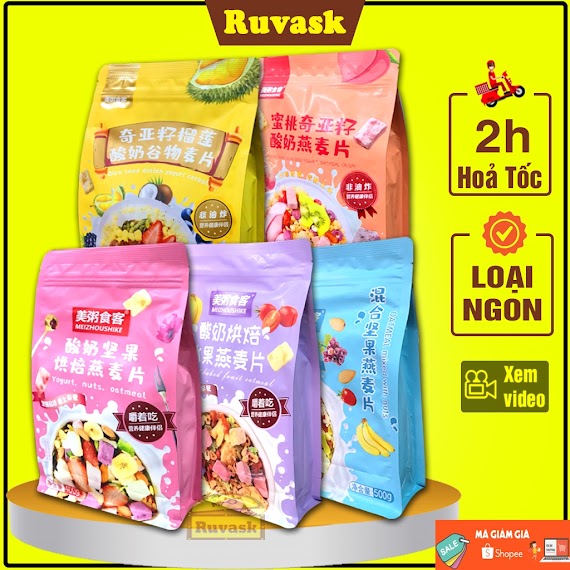 Ngũ Cốc Giảm Cân  Ăn Kiêng Sữa Chua Mix Hoa Quả Meizhoushike - Ngũ Cốc Ăn Sáng Trái Cây Sấy Khô Oatmeal - Đồ Ăn Vặt Ruvask