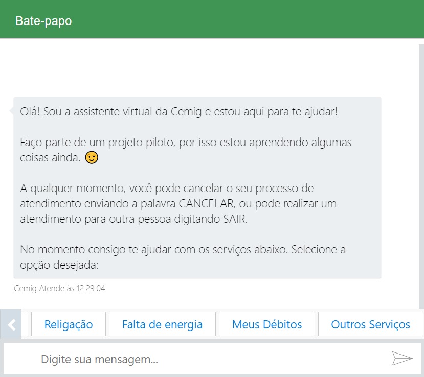 atendimento pelo cemigbot para falta de energia