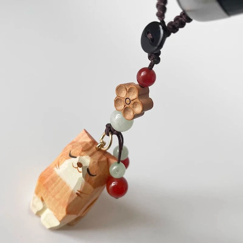 Chaveiro tecido com mantra de seis palavras, gato tigrado laranja entalhado à mão, Shiba Inu M, seguro, madeira, para chaves e amuletos.