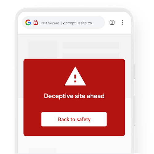 A phone featuring a warning notification from Google Chrome about a deceptive website