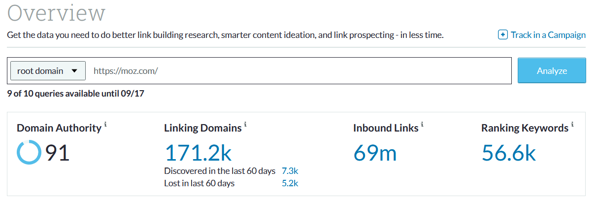 Moz Link Explorer helps you find the Moz domain authority of any domain.