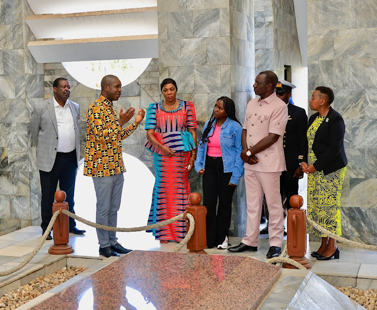 President William Ruto accompanied by First Lady Mama Rachel Ruto is taken through by a guide at the Kwame Nkrumah Museum and Mausoleum in Accra on the final day of his State Visit to Ghana, April 4, 2024.