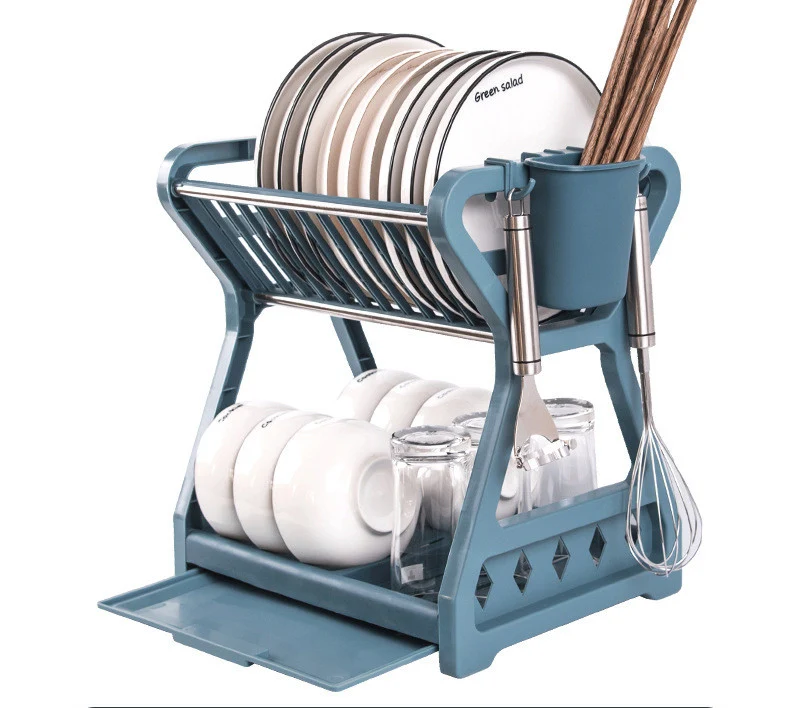 Égouttoir à vaisselle double couche en plastique pour la cuisine avec drainage et étagère de sol multifonctionnelle, gain de place.
