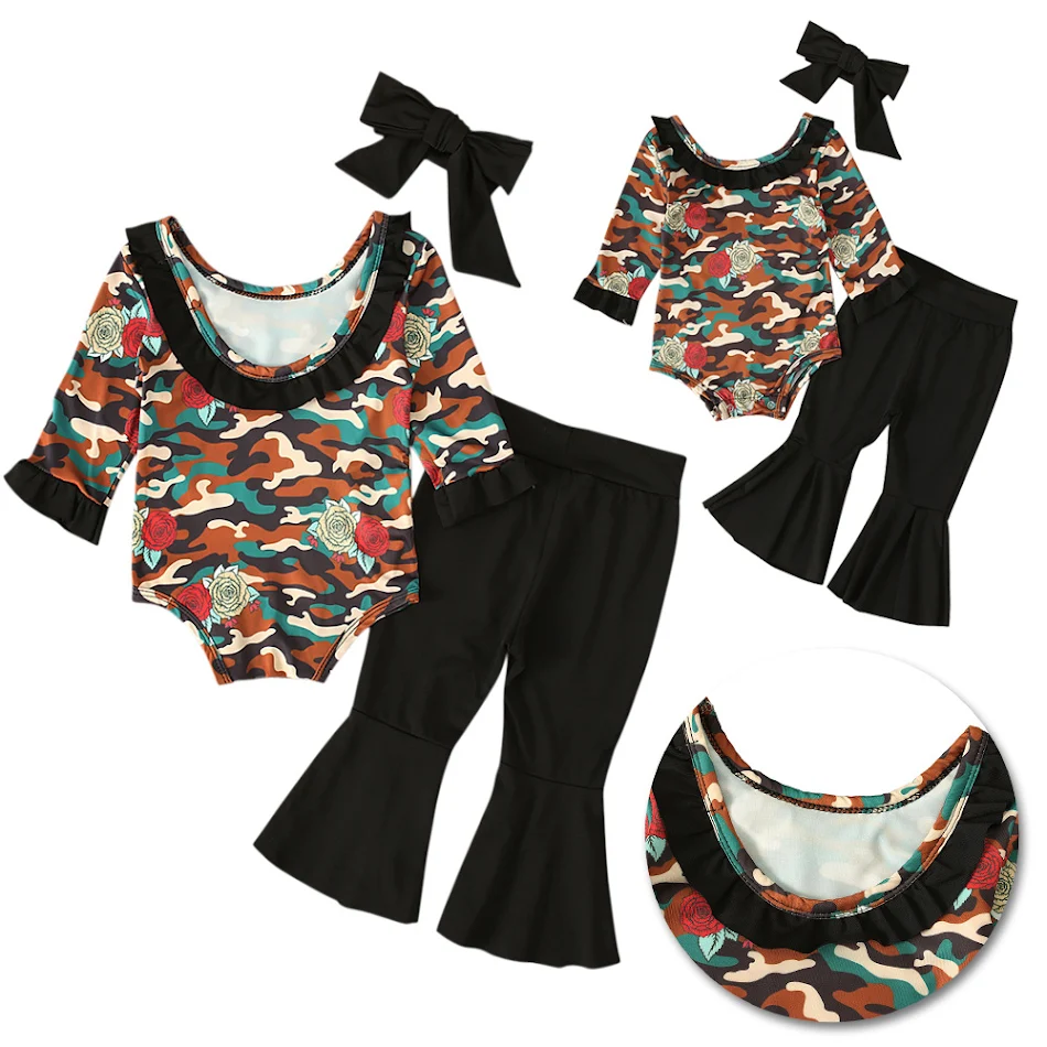 Mädchen Camouflage Langarm Romper Set Schwarz ausgestellte Hose Stirnband Perfekt für Spiel und Spaß. Bequem und stylisch.