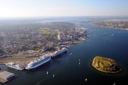  An aerial view of cruise ships and pleasure craft in Halifax Harbour. 