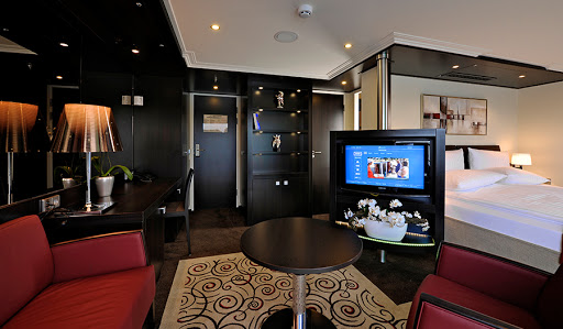 The 300-square-foot Royal Suite on Avalon Panorama includes a spacious seating area and stocked minibar.