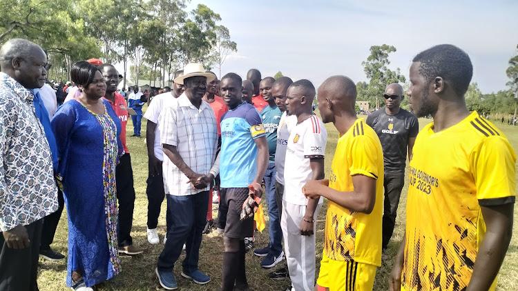 ODM leader Raila Odinga, Homa Bay Governor Gladys Wanga and her Deputy Oyugi Magwanga during Opira Biannual turnament at Ndiru in Homa Bay Town constituency on December 29,2023