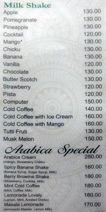 Cafe Arabica menu 