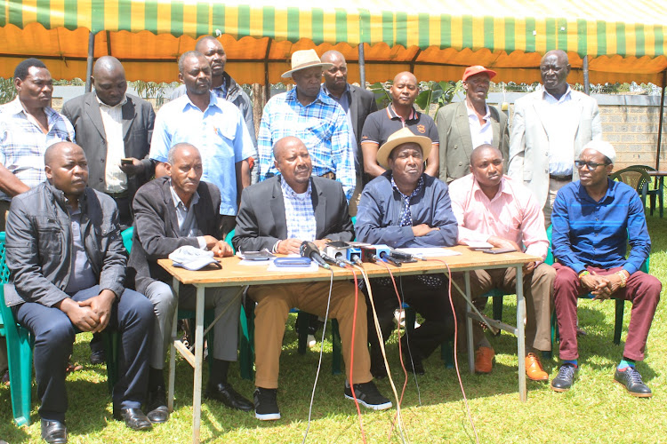 Leader sheaded by Murang'a deputy governor Maina Kamau and former Maragua MP Elias Mbau during a press briefing.