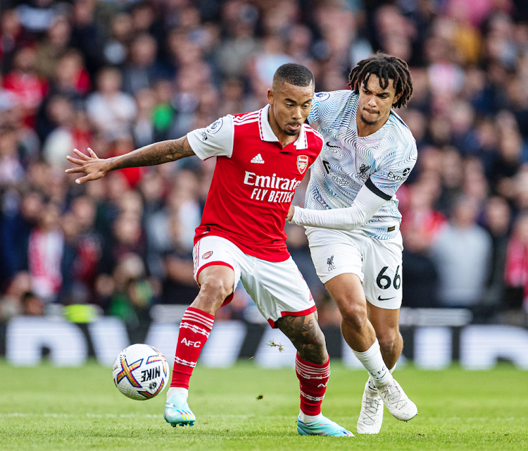 Arsenal's Gabriel Jesus in action with Liverpool's Trent-Alexander Arnold during a Premier League match on October 9