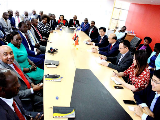 Jubilee party officials in a closed door meeting with china china Ambassador to Kenya and his delegation at jubilee part offices in Pangani on February 27 2018./ EZEKIEL AMINGÁ